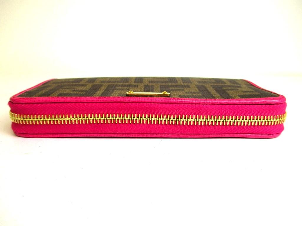 Authentic FENDI Zucca Khaki Canvas Shocking Pink Leather Round Zip Long Wallet #a221  Refurbished