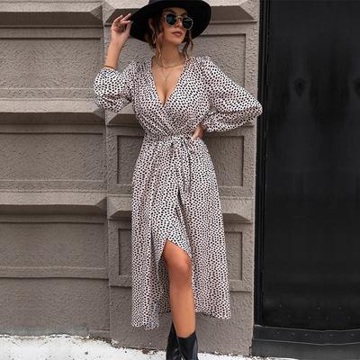 Spring and Autumn Women's Dress Long Sleeve Leopard Temperament Elegant Ladies Irregular Skirt Dresses