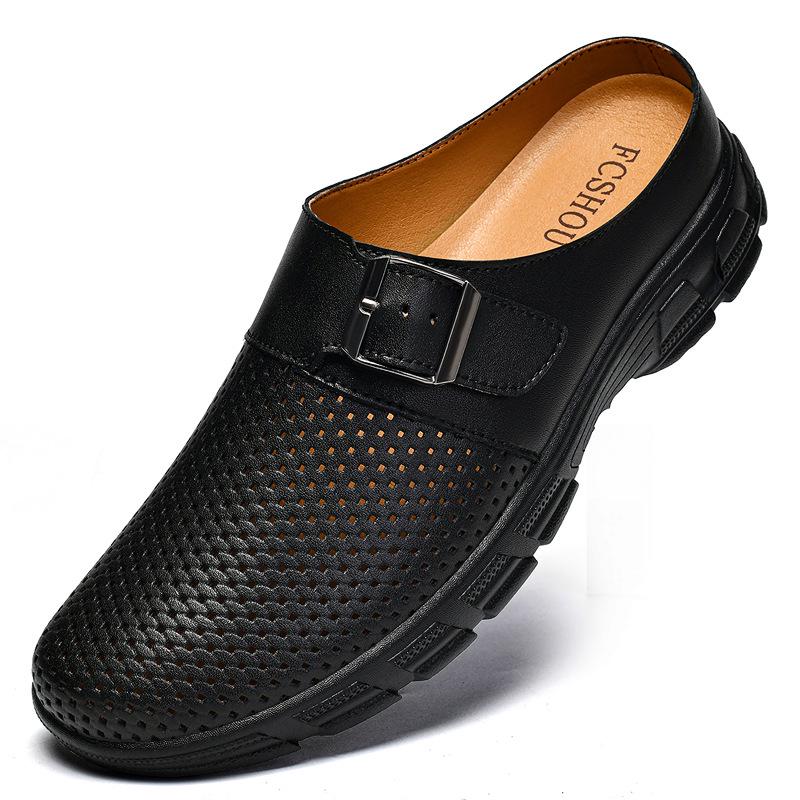 Men's Breathable Leather Slip-On Mules: Closed-Toe, Thick-Sole, Non-Slip Casual Shoes