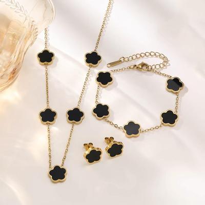18K Gold Luxury Titanium Steel Shell Flower Jewelry Set: Bracelet, Necklace & Stud Earrings for Women