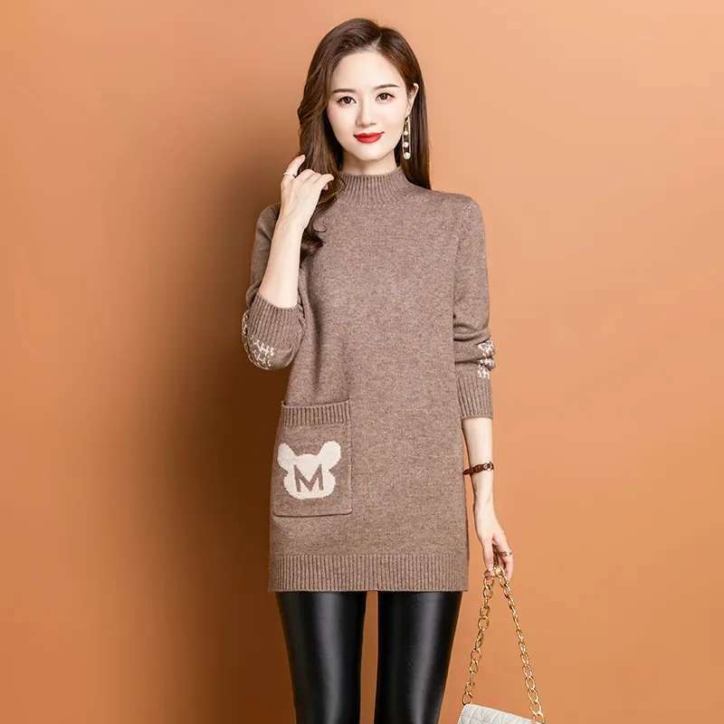 Half Turtleneck Sweater Mid-length Pullover for Women Solid-color Loose Sweater Jacquard Knitted Sweater Top