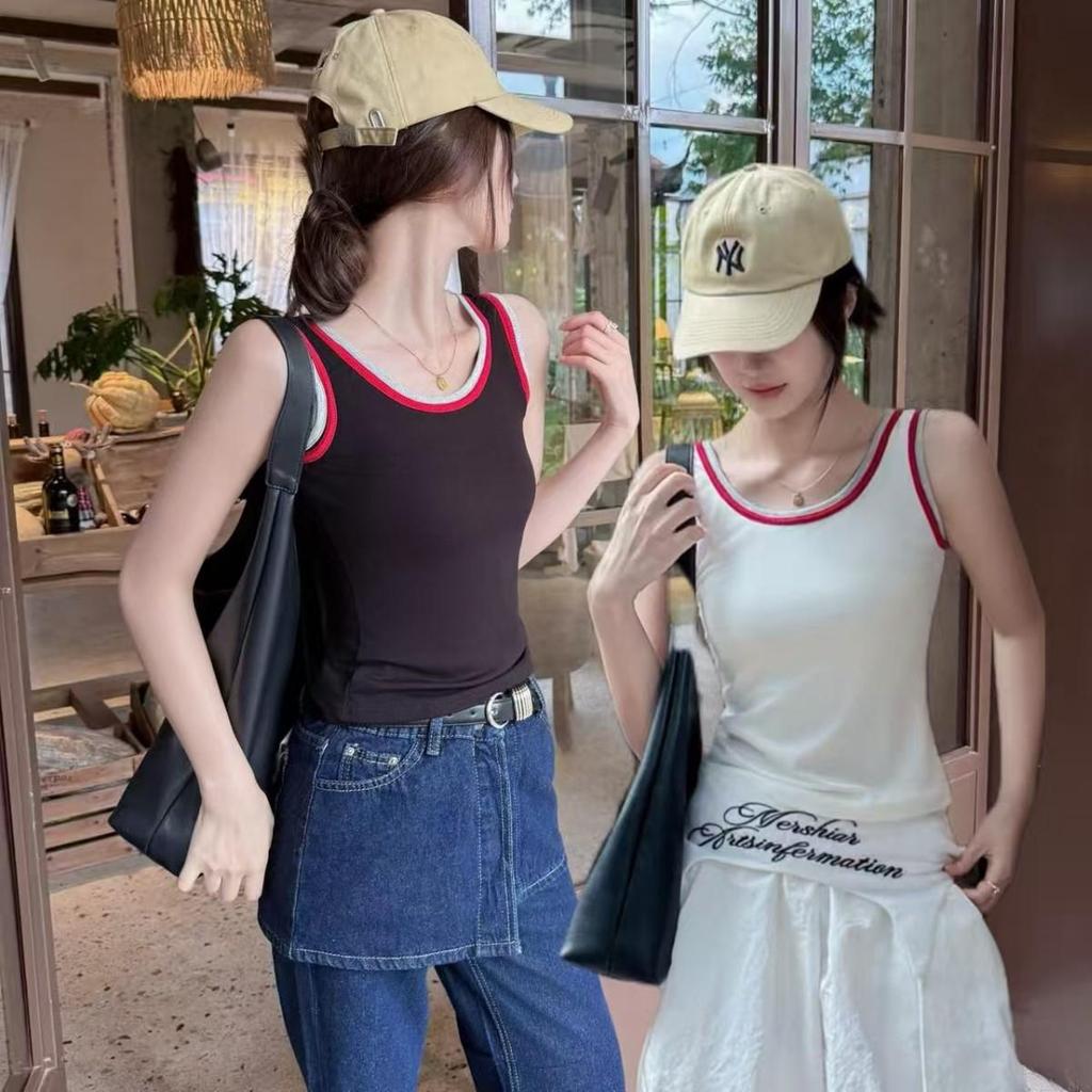 Women's U-Neck Color Block Ribbed Vest - Spring/Summer Spaghetti Strap Slimming One-Piece Top