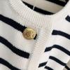 Women Cardigan Sweater Striped Print Contrast Color Single-breasted Long Sleeve Knitted Loose Warm Thick Round Neck Fall Spring Coat