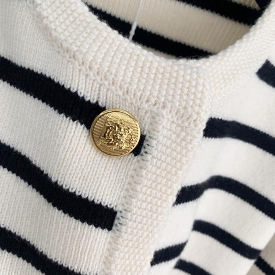 Women Cardigan Sweater Striped Print Contrast Color Single-breasted Long Sleeve Knitted Loose Warm Thick Round Neck Fall Spring Coat