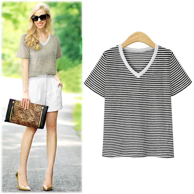Summer Casual Striped T Shirt Pinstripe T-Shirt V-Neck T-Shirt Classic-Fit Short Sleeve T-Shirt for Female Women's Commuter Fashion T-Shirt