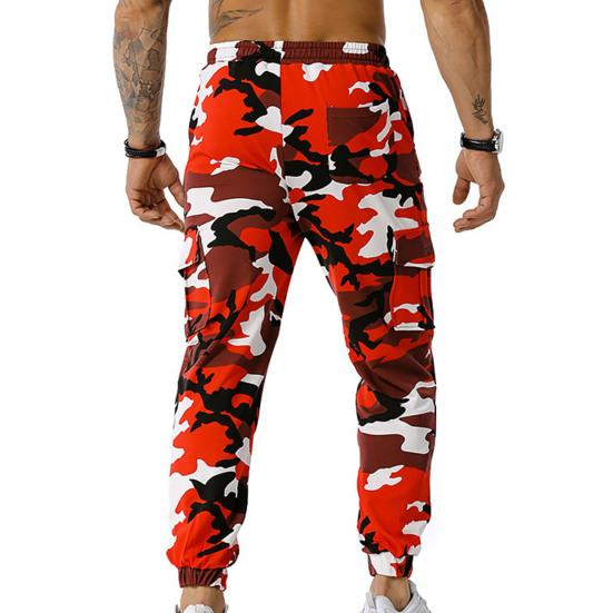 Men Sweatpants Camouflage Drawstring Elastic Waist Multi Pockets Streetwear Loose Ankle Tied Cargo Pants for Training Running Fitness