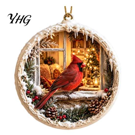 Christmas Party Supplies Acrylic Red Bird Ornament, Snow Scene Pattern Xmas Tree Pendants Hanging Decor, Retro Round Pendant for Winter Holiday Nature