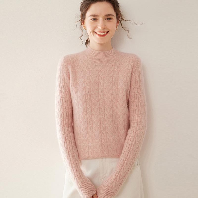 Women's High Neck Cable Knit Cashmere Sweater, Loose Fit, Solid Color, Thick Inner Layer for Autumn/Winter 2024