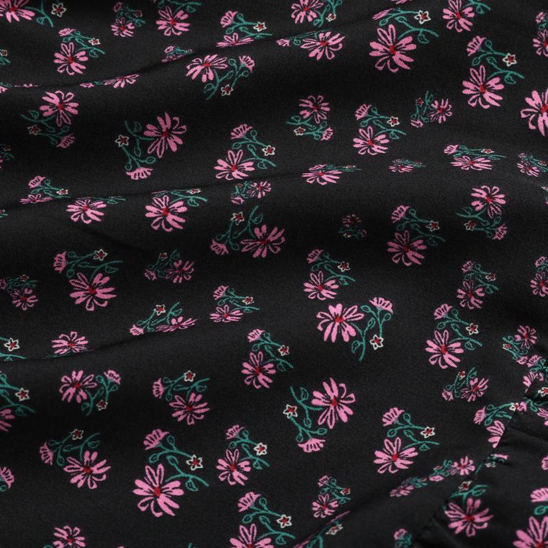 Sommer Herbst Blumendruck Kurzes Kleid A-Linie Damen Lässig Quadratischer Kragen Kurzarm Hohe Taille Schlank Essbarer Baumpilz Raffung S-XL