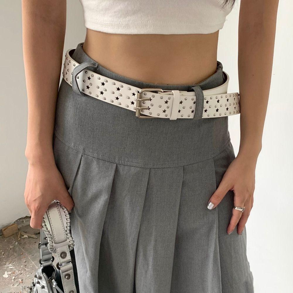 Wide Side PU Leather Star Hole Women Waist Belts Y2K Style Belts Korean Waistbands Men Waist Belts
