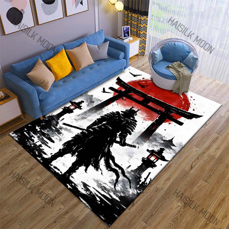 Samurai Silhouette with Red Sun Print Carpet Rug for Living Room Bedroom Sofa Doormat Home Decor Non-slip Floor Mat