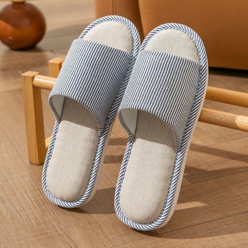 Japanese linen slippers spring and autumn men's stripes breathable indoor silent home non-slip four seasons cotton and linen slippers men's summer