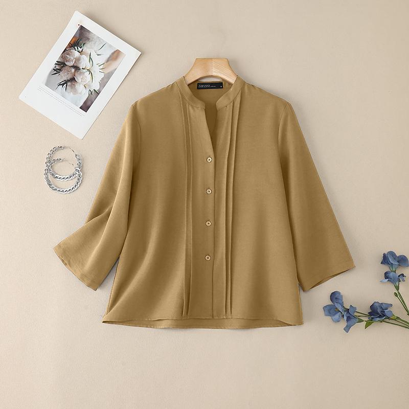 ZANZEA Dámská ležérní halenka s výstřihem do V, jednobarevná, s 3/4 rukávem, volného střihu