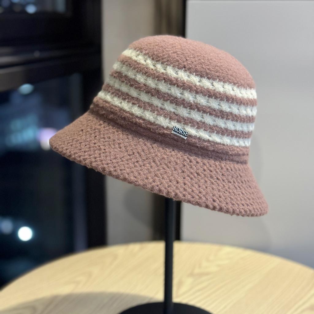 Black Striped Knitted Woolen Fisherman Hat for Women In Autumn and Winter Face Showing Small Bucket Hat Fashionable Big Head Basin Hat