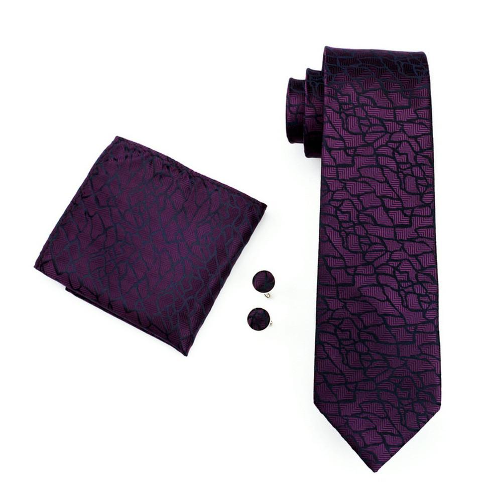 Hi-Tie Mens Silk Tie Purple Necktie Handkerchief Cufflinks Set for Party Wedding Business