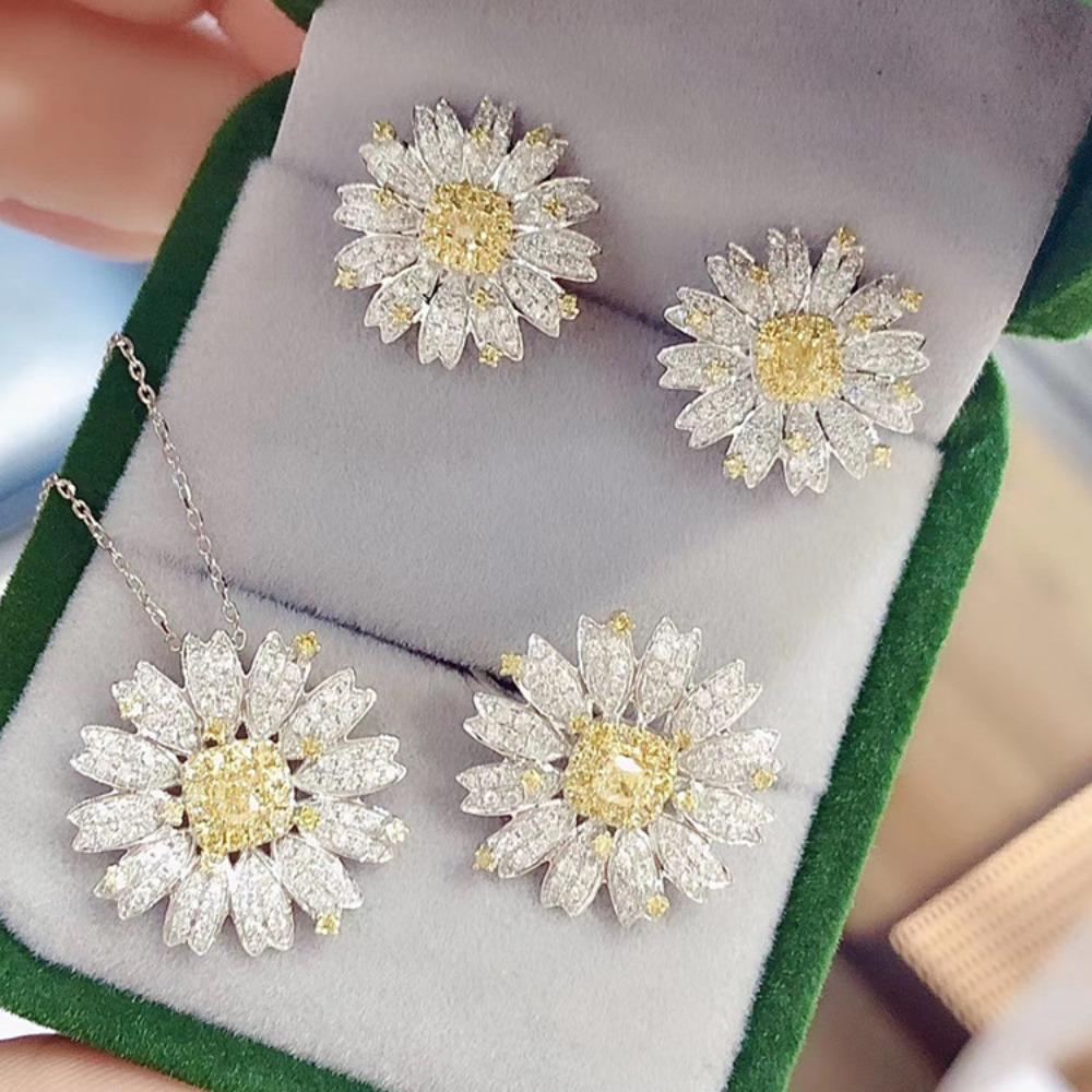 Elegant Women Jewelry Set with Yellow Daisy Ring Earrings Necklace Pendant Fashion Fresh Style