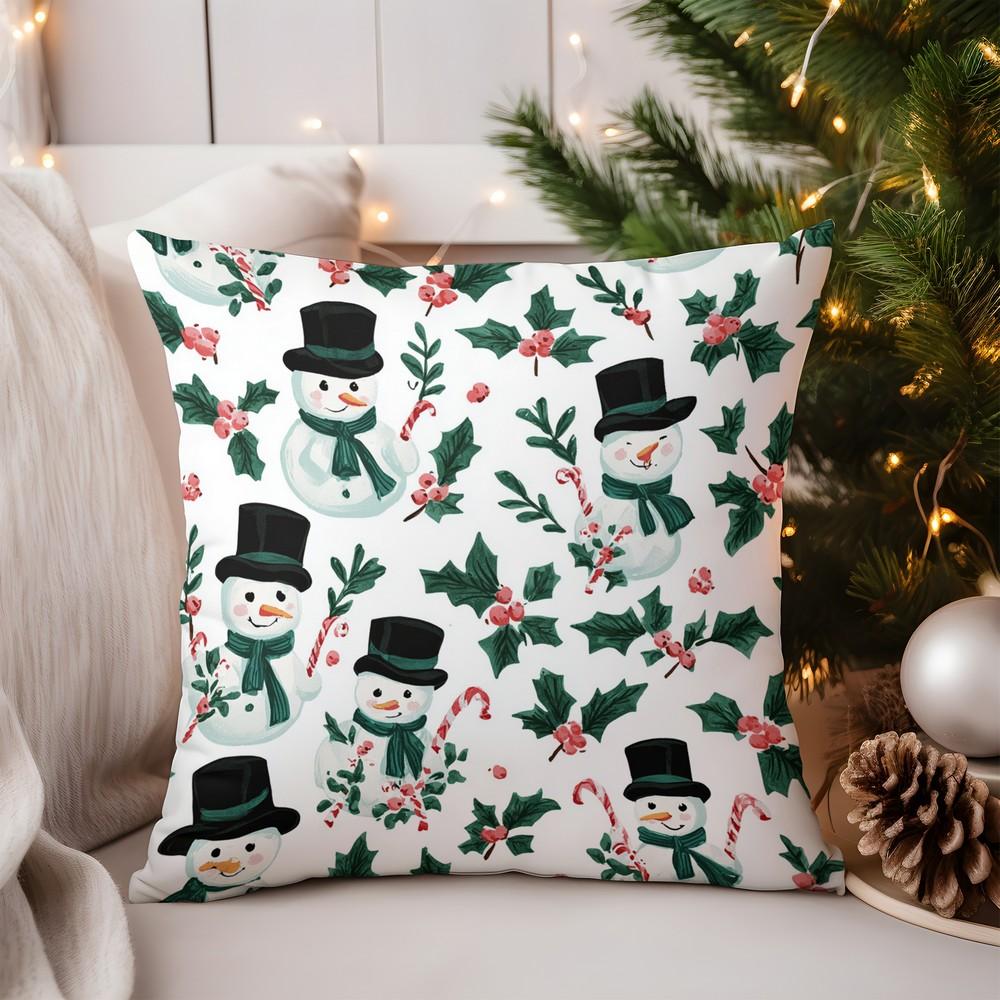 Home Decor Snowmen with Holly and Candy Cane Pillow Cover Pattern Cushion Cover Suitable for Sofa Bedroom Car Pillow Cover