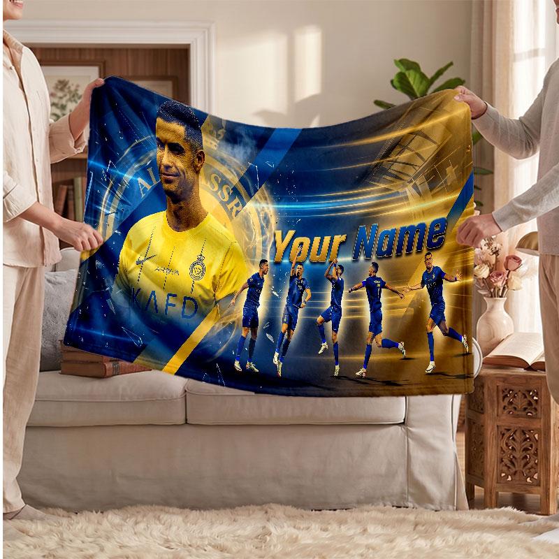 Coperta Personalizzata in Pile Cristiano Ronaldo con Logo Calcio, Testo Nome Personalizzato Morbida Calda Coperta da Divano per la Casa