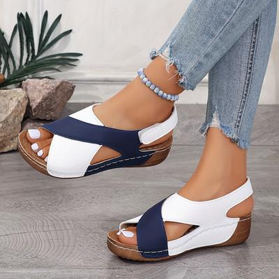 Keilsandalen in Kontrastfarbe für Damen, Peep-Toe-Slingback-Schuhe mit weicher Sohle, bequeme Sommersandalen für den Außenbereich