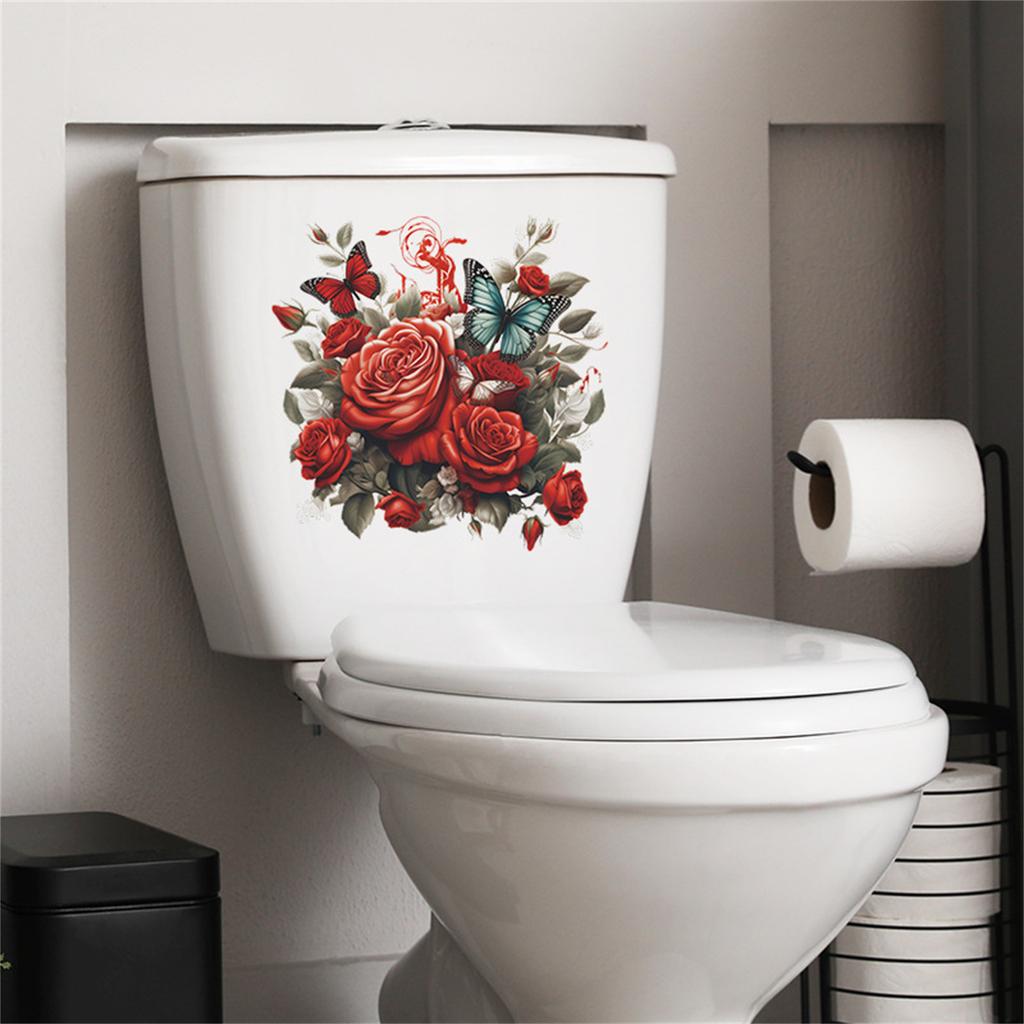 Rose Butterfly Toilet Sticker Self Adhesive Bathroom Wall Sticker Flower Decals For Home Bathroom Decoration