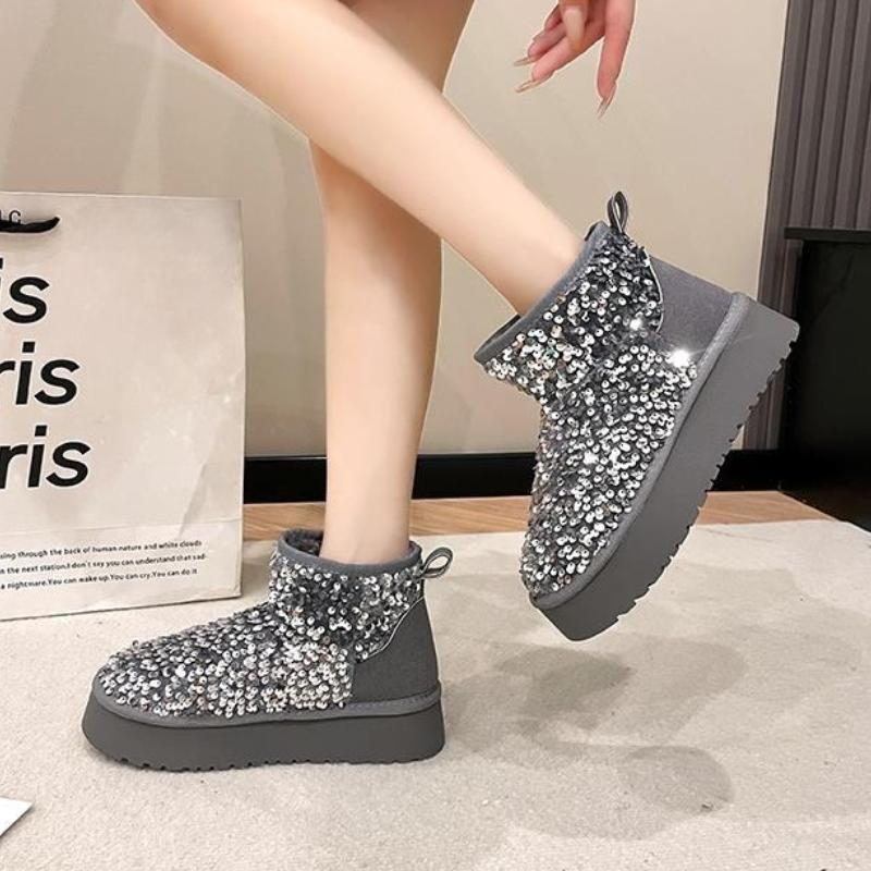 Fashion Sequins Height Increase Woman Shoes Round Toe Booties Plush Chunky Snow Boots for Women Designer Luxury Y2k Goth Warm Footwear