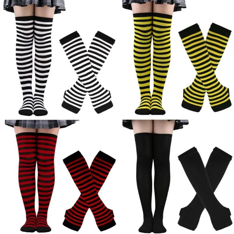 Lange über dem Knie Socken Damen Fäustlinge Armstulpen Handschuhe Set Gestreifte Oberschenkelhohe Strümpfe Damen Mädchen Rosa Schwarz Weiß Lolita