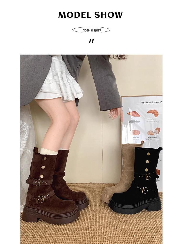 Women's Khaki Ankle Boots with Thick Sole, Chunky Heel, Elastic Slimming Fit, and Two-Way Wear for Spring