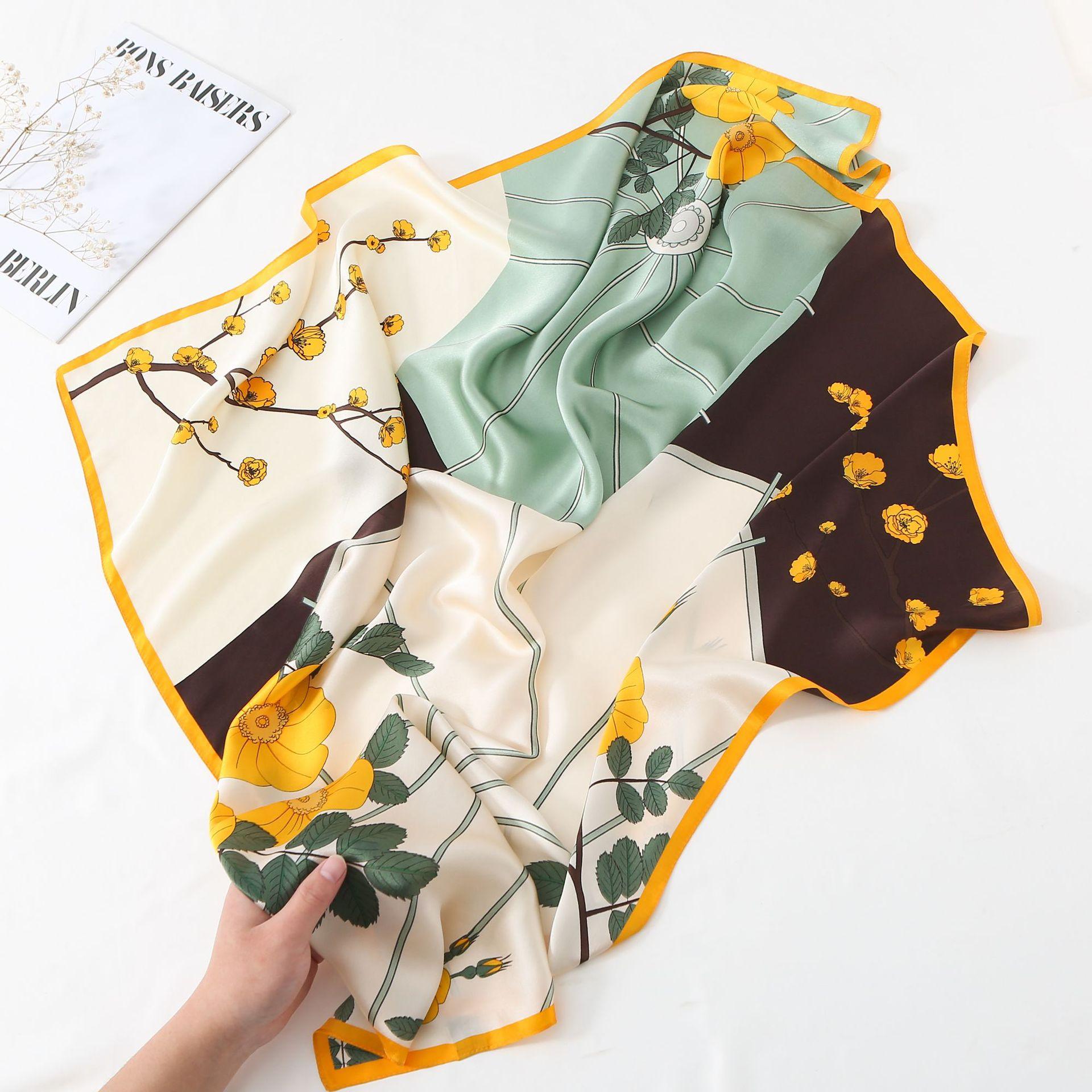 Hangzhou silk 90cm flower square scarf mulberry silk silk scarf women s versatile scarf sunscreen shawl large square scarf зелёный