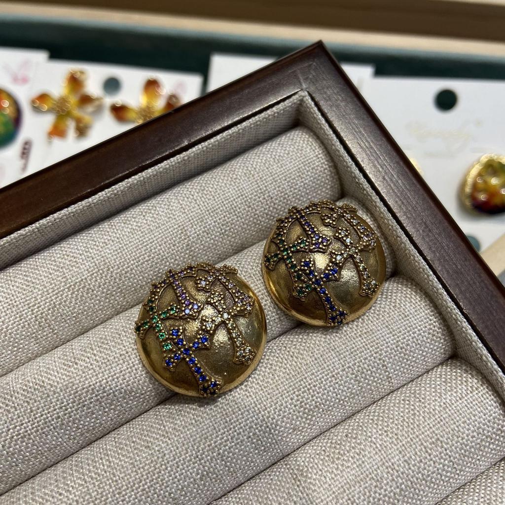 Vintage Medieval Earrings Women'S Russian Gold Inlaid With Colored Diamonds Hemisphere Cross Earrings Atmospheric High-End Earrings