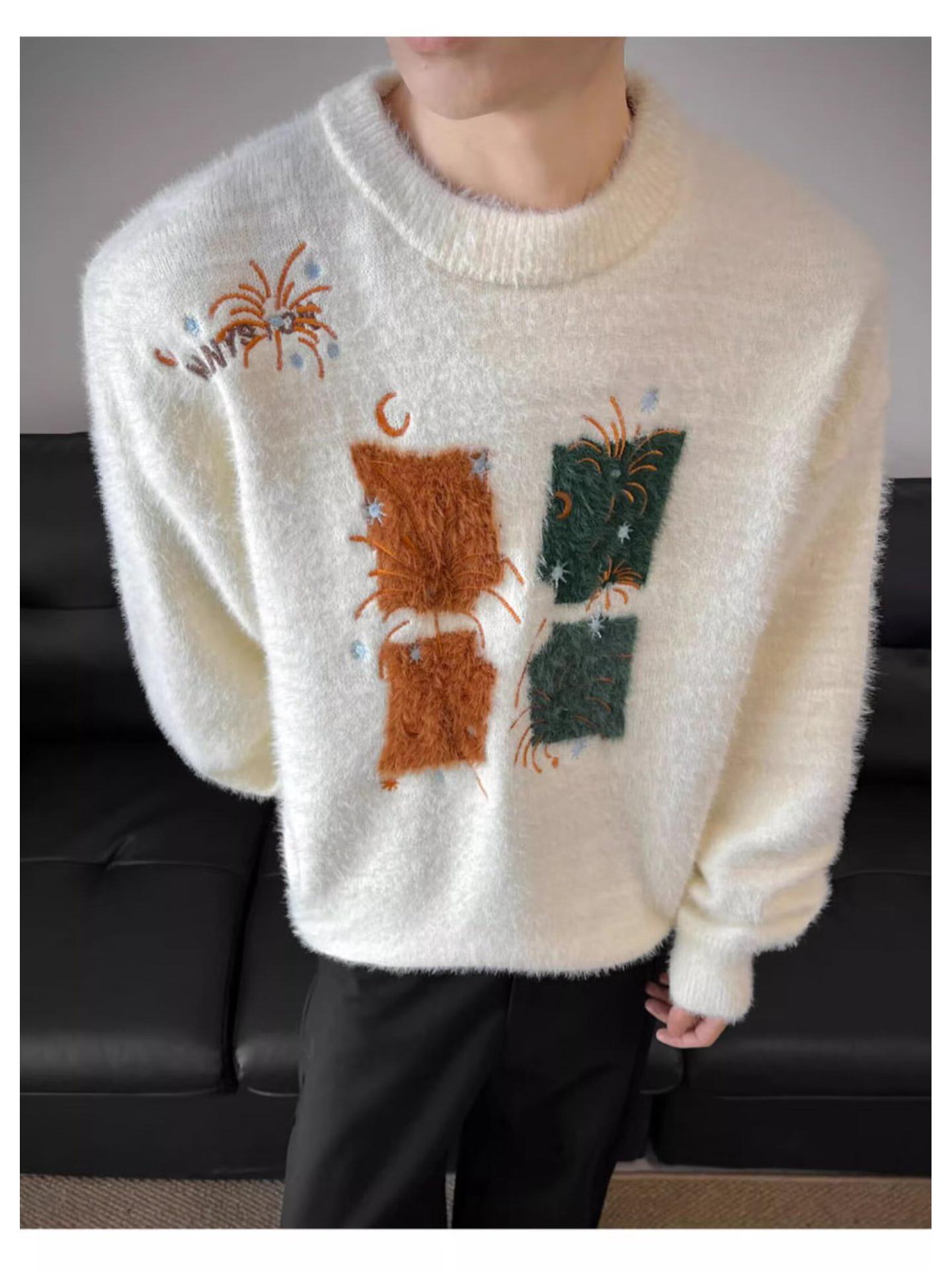 

Men s Trendy Retro Embroidered Velvet Sweater - Autumn/Winter Casual Loose Fit Round Neck Knitwear. Extra Large абрикосовий