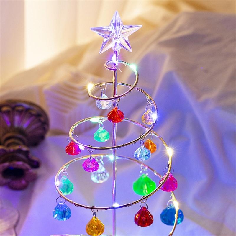 Crystal Star Iron Christmas Tree with LED Light Small XmasTree Table Lamp Christmas Decorations for Home Party New Year