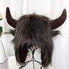 Women's Cow Skull Fisherman Hat with Faux Fur Horns - Winter Warm Ear Protection Beanie, Soft Imitation Mink Material Women