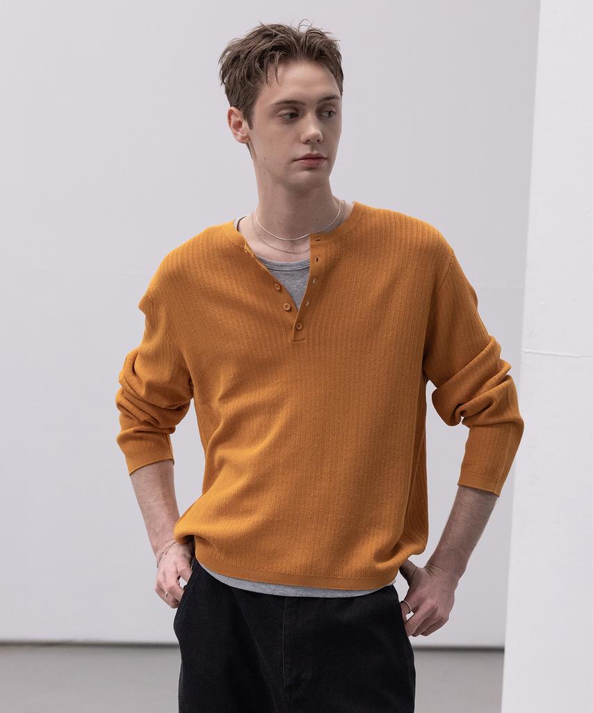 Dekkoloso Light Henley Neck Knit T-Shirt [Deep Mustard]