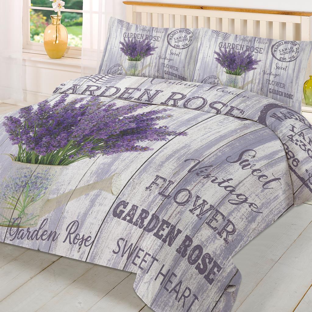 Blomma Lavendel Vattenkokare Vintage Vykort Trä Påslakan Med Örngott 3st Sängkläder Set Täcke Dubbelsäng Hemtextil