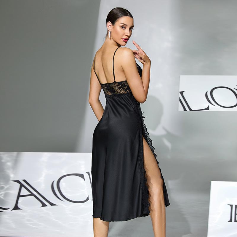 Sexy satin lace suspender nightdress chain decoration high split medium and long multi-color loungewear