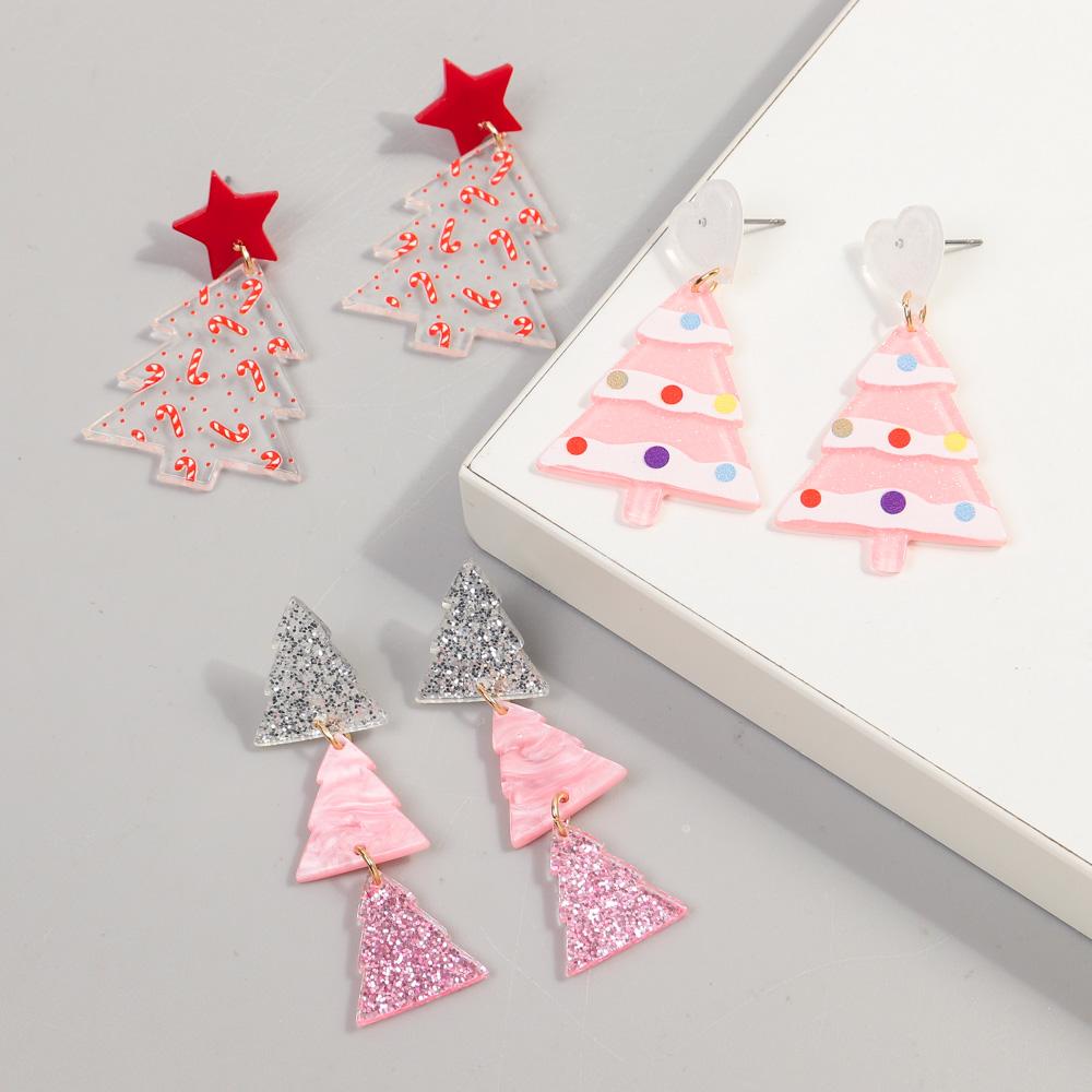 New Glitter Pink Christmas Tree Acrylic Earrings for Women Girls Cute Sweet 3-Tree Long Dangle Earring Party Jewelry Gifts