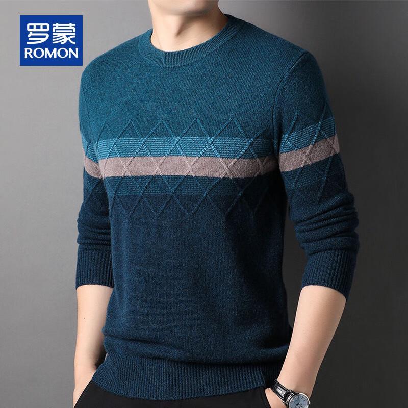 ROMON Men's Cashmere Colorblock Striped Round Neck Sweater