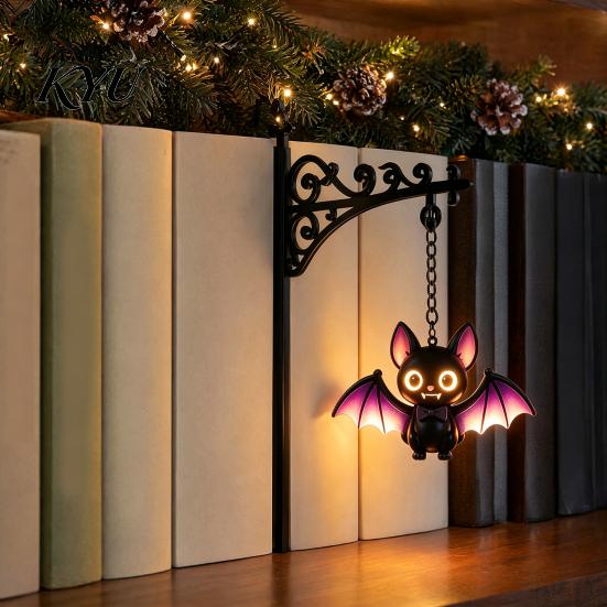 Halloween Themed Gift Iron Library Lamp, Vintage Bookshelf Light with Ghost Pumpkin Bat Reading Nook Accents Pendants, Nightlight, Spooky Desktop