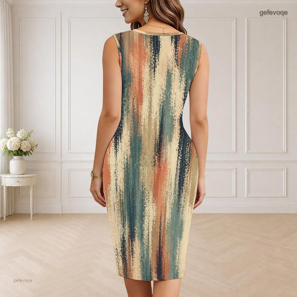 Women s Plus Size V Neck Sleeveless Printed Bodycon Midi Dress