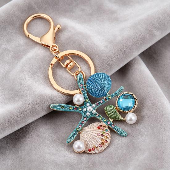 Keychain Pendant Ocean Style Starfish Shell Design Key Chain with Rhinestones Imitation Pearls Bags Backpacks Decorative Accessory