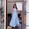 Bow blue suspender dress women's summer new design sweet spice girl waist thin A-shaped long skirt