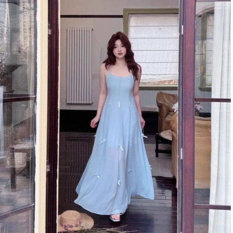 Bow blue suspender dress women's summer new design sweet spice girl waist thin A-shaped long skirt