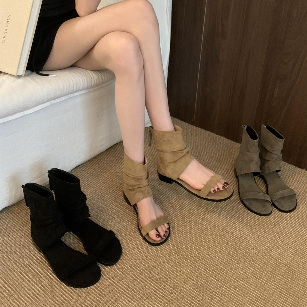 Coarse Heel Suede Piled Boots Breathable Cool Boots Women's Shoes 2025 Summer Hollow Vacation with Skirt Khaki Short Boots