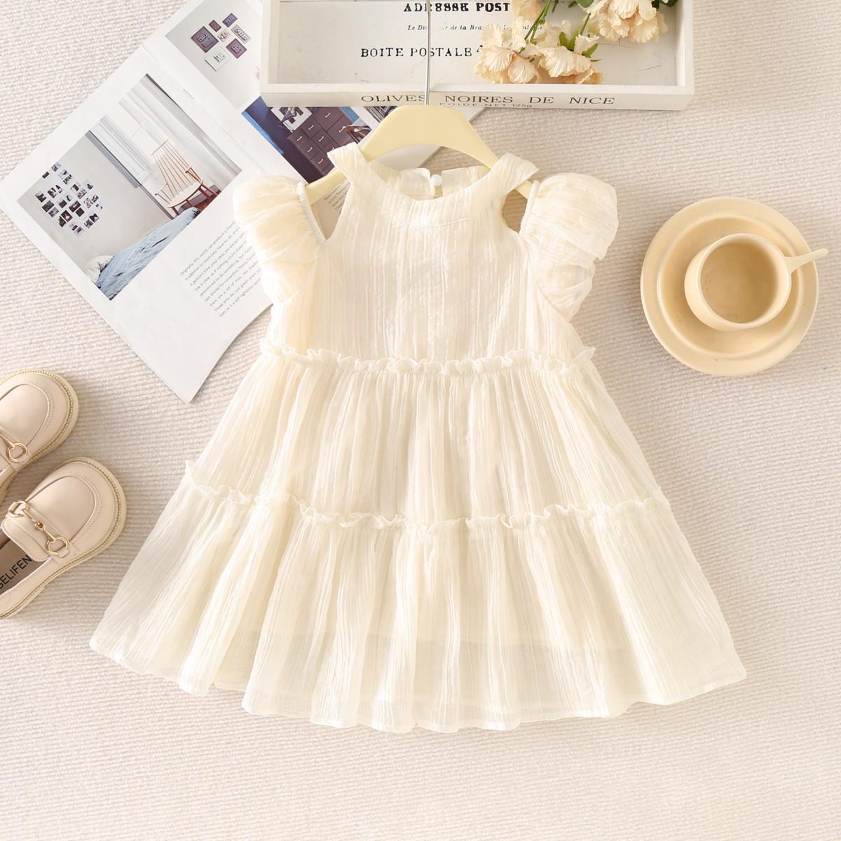 

Летнее платье для девочек, новинка 2024 года, детские платья принцессы с открытыми плечами, одежда для дня рождения, шифоновое платье 2T бежевый