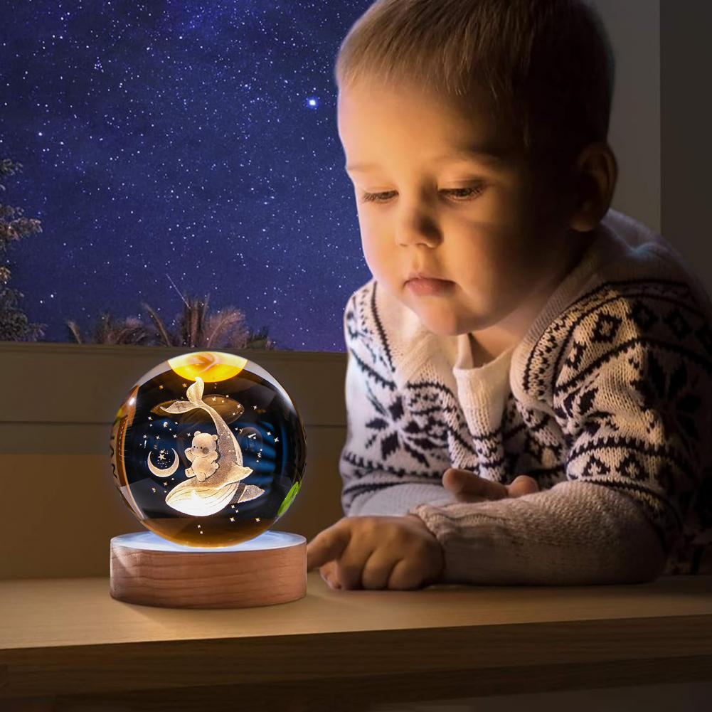 Faszinierende visuelle Erlebnislampe Glaskugel Lampe Sonnensystem Kugel Nachtlicht mit Holzsockel 7 Farbwechsel für Zuhause