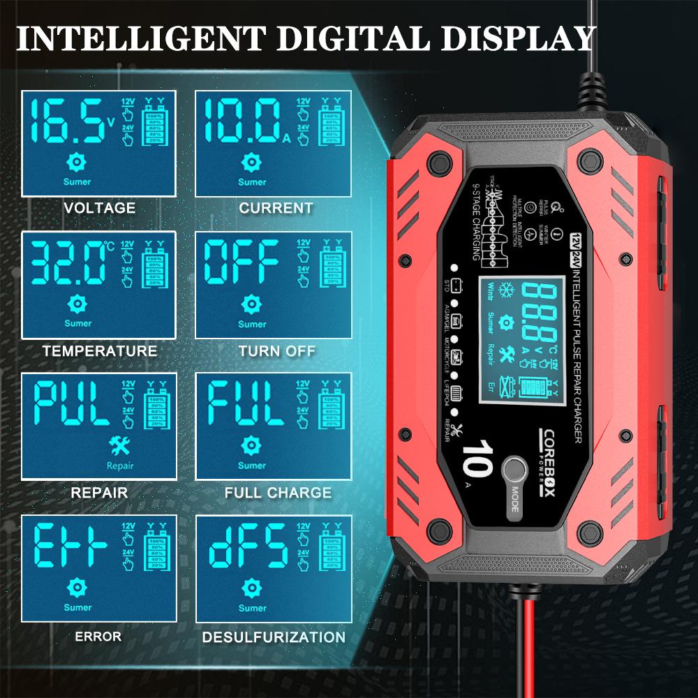 Car and Motorcycle Battery Charging Devices Automotive Battery Charger AGM Intelligent Maintenance of Lead Acid Battery 12V 10A