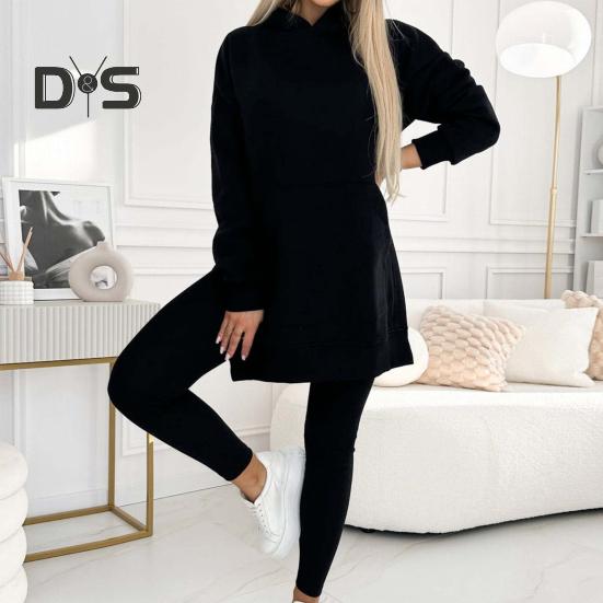 Set de 2 pantaloni pentru femeie, cu glugă, cu mânecă lungă, cu tiv, cu glugă, cu talie elastică, pantaloni slim fit