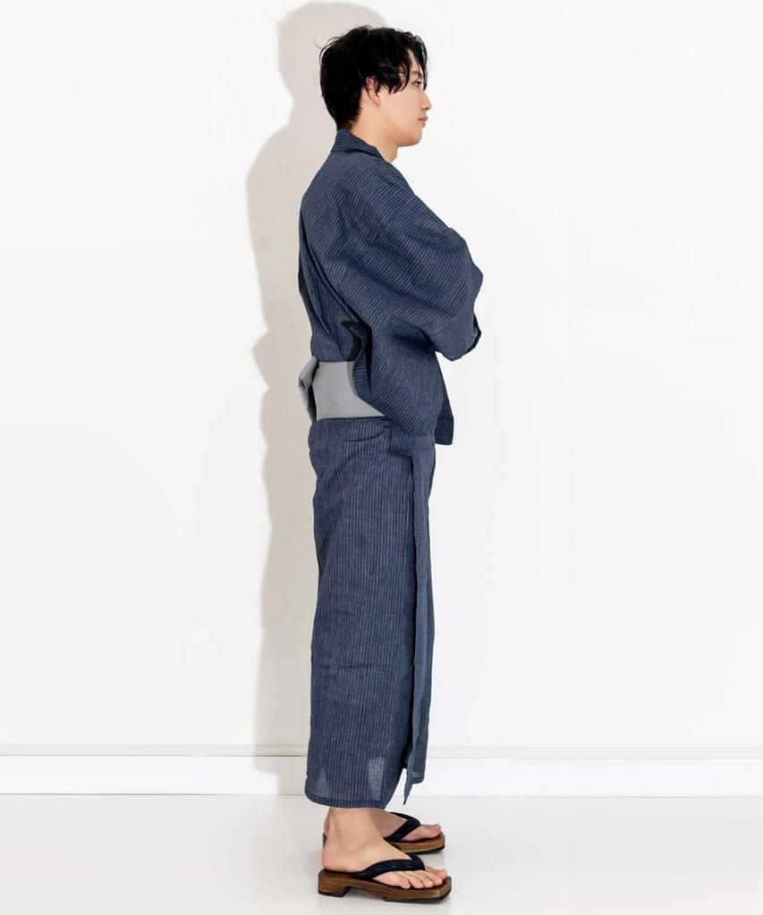 Yukata Shijira Stylish Set Simple Fine Stripe x Navy [KYOETSU] Men's Set, Fabric, Black/Navy, Cotton, 6-Piece (2. (One-Touch Gray), L)