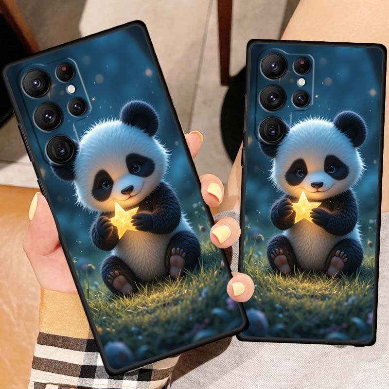 Cartoon Anime Panda Cute Phone Case For Samsung Galaxy S26 S25 S24 S23 S22 S21 S20 Ultra Plus FE 5G Black Soft TPU