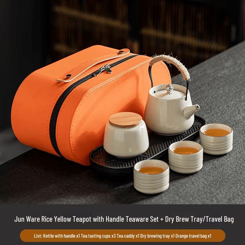 Minimalist Beige Ru Kiln Portable Kung Fu Tea Set